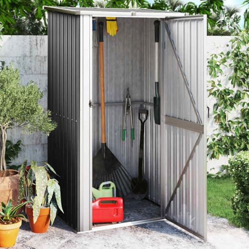 Geräteschuppen Anthrazit aus verzinktem Stahl 118,5x97x209,5 cm mit abschließbarer Tür, wetterfest, großer Stauraum für Gartenwerkzeug, Outdoor Aufbewahrung, Schutz und Ordnung