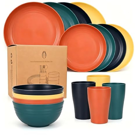 16 Pieces Plastic Plates Bowls Set, Reusable Dinnerware Service for 4 | Plastic, Unbreakable Tableware Dinner Set Microwave Dishwasher Safe Macaron