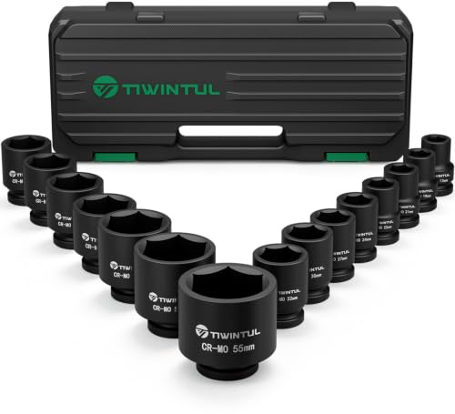 TIWINTUL 3/4 Zoll Schlagschrauber Nuss Set, 17-55 mm 6-Kant Stecknüsse | 15-teilig Kraftstecknuss-Set , CR-MO Stahl, Schlagschrauber-Einsätze Für LKW, Traktoren & Baumaschinen