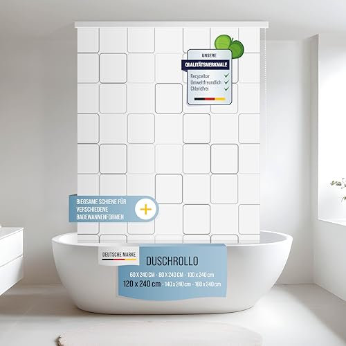 Rapid Teck® Halb-Kassetten Duschrollo 120cm | stilvolles Design Quadro Square | Duschvorhang mit Seilzug | Modernes Duschrollo für Badewanne | Duschrollo für Dusche und kleine Bäder