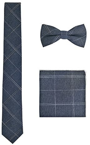 WANYING Herren Baumwolle 6cm Schmale Krawatte & Gebundene Fliege & Einstecktuch 3 in 1 Sets Trendmode Casual - Kariert Jeans Blau