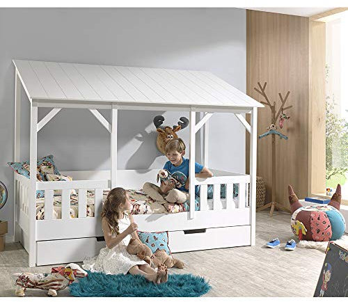 Lomadox Hausbett für Kinder mit 90 x 200 cm Liegefläche und Bettschublade