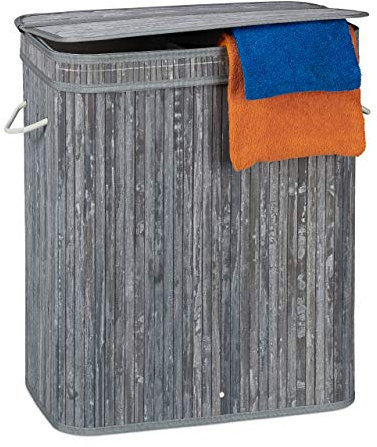 Relaxdays Wäschekorb Bambus, rechteckiger Wäschesortierer, 2 Fächer, mit Klappdeckel, platzsparend faltbar, 95 l, grau