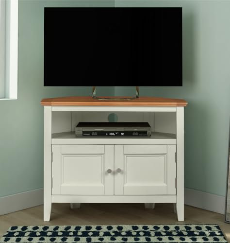 Hallowood Furniture Clifton Oak Painted Green Off White Corner TV Unit with Cable Hole & Cupboard, 2-Door Solid Wooden Small TV Stand Cabinet with 1 Shelf, Corner Unit for Living Room or Bedroom