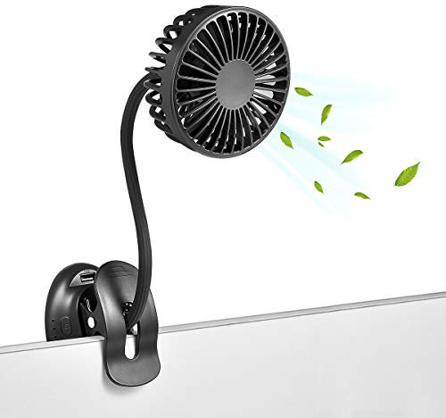 Clip On USB Mini Desk Fan with Emergency Power Bank, Battery Operated Rechargeable Portable Fan - Flexible Neck, 3 Speed Personal Cooling for Baby Stroller, Car, Camping, Office, Dorm, Beach - Black