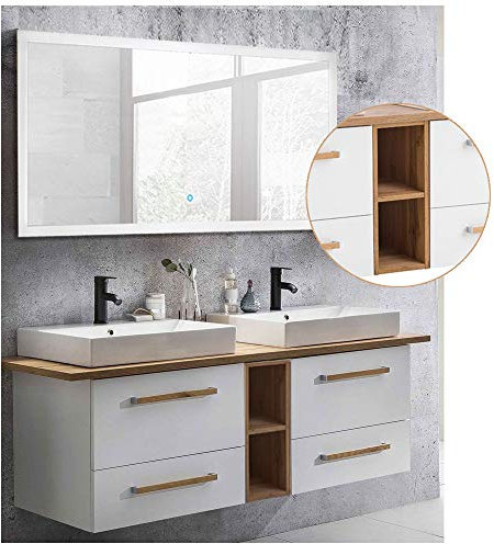 Lomadox Badmöbel Komplett Set, weiß mit Eiche-Landhaus,165cm Doppel Keramik-Waschtisch mit Regal, 140cm LED-Touch-Spiegel