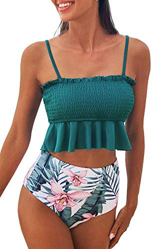 CUPSHE Damen Bikini Set mit Tropischem Blätterprint Bandeau Gesmokte Bademode Rüschen High Waist Zweiteiliger Badeanzug Blaugrün L