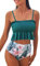 CUPSHE Damen Bikini Set mit Tropischem Blätterprint Bandeau Gesmokte Bademode Rüschen High Waist Zweiteiliger Badeanzug Blaugrün L