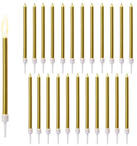 24 Stück Gold Geburtstagskerzen Kuchen, Schlanke Kuchenkerzen Lange, Kuchenkerzen,Metallisch Kuchenkerzen Dünne Cupcake Kerzen für Geburtstag Hochzeit Kuchen Dekorationen-Gold