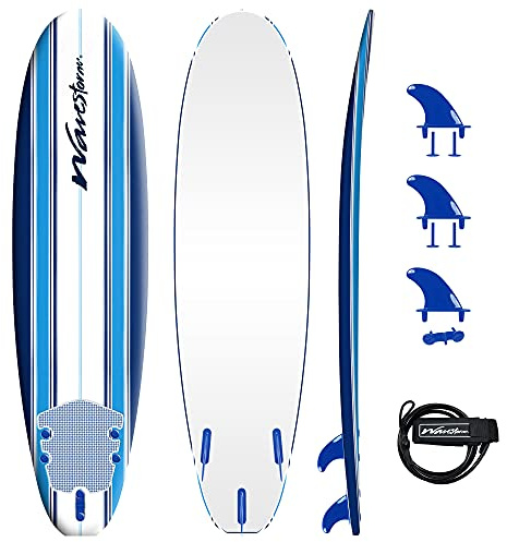 Wavestorm - Classic Soft Top Foam 7ft Surfboard Surfboard for Beginners and All Surfing Levels Complete Set Includes Leash and Multiple Fins Heat Laminated, Blue Pinline (AZ22-WSSF700-PIN)