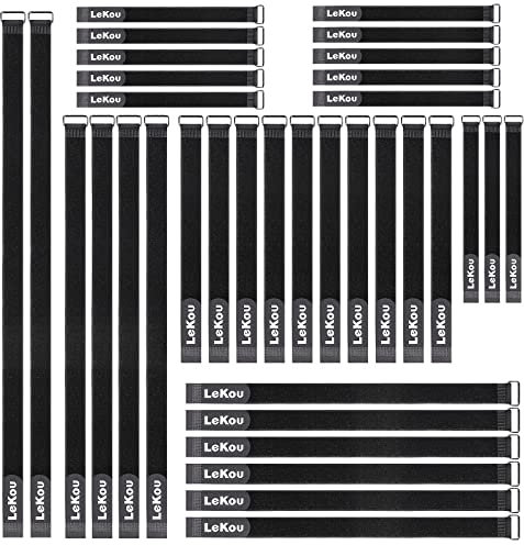 Lekou 35 Stück Kabelgurte, 20,3 cm - 30,5 cm - 45,7 cm - 61 cm - 76,2 cm wiederverwendbare Kabelbinder, Klettverschlüsse mit Metallschnalle, Befestigungsgurte für Kabel-Organizer, Drahtmanagement
