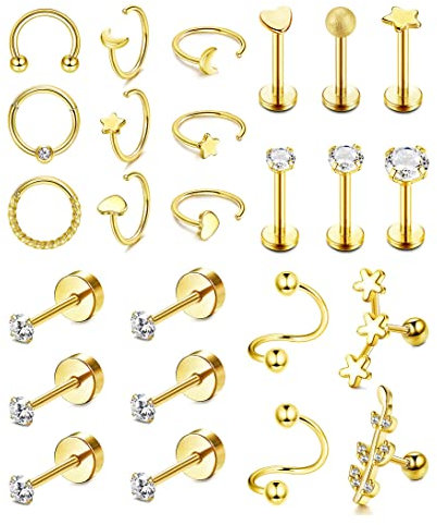 YADOCA 25PCS Cartilage Earrings for Women 20G 16G Stainless Steel Silver Rose Gold Black Forward Helix Tragus Conch Daith Piercing Jewelry