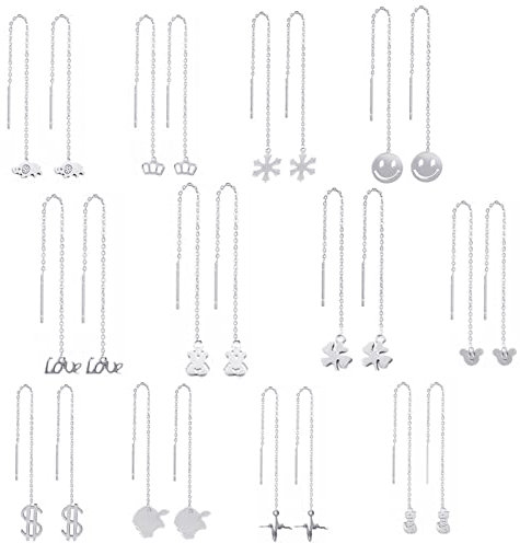 XHBTS 12 Paar Einfädler Ohrringe Set für Frauen-Lange Kettenohrringe Smiley Krone Schneeflocke Liebestropfen Baumeln Kette Quaste Ohrringe Minimalistische Kettenohrringe Set mit Mini Tuch