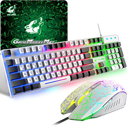 Gaming Farbblock Tastatur Und Maus Set, QWERTZ German Layout Regenbogen LED Hintergrundbeleuchtung Ergonomische Keyboard 6 Tasten 2400 DPI Maus und Mauspad, USB Verkabelt, Weiße+Schwarz Tastenkappen