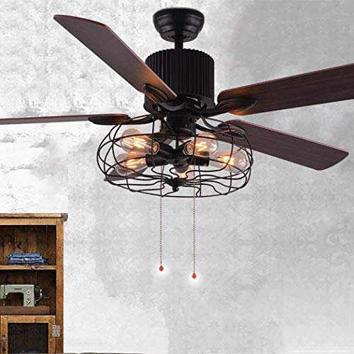 Lámpara de techo industrial de 52 pulgadas con ventilador semiempotrado, lámpara de techo retro vintage con ventilador de araña de jaula colgante con control remoto