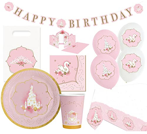 Amscan 9907569-66 Princess for a Day, 56 Piezas, vajilla desechable y decoración, Princesa, Cisne, Castillo, cumpleaños Infantil, Fiesta temática, Multicolor