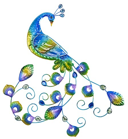 MySmartBuy.com Peacock Wall Decor – Colourful Metal & Hand Painted Glass Indoor or Outdoor Home Garden Ornament Sculpture Decoration – Decorative Hanging Bird Wall Art, Measures 58 x 52 x 1cm