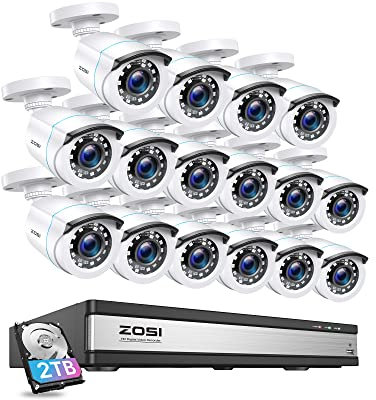 ZOSI 1080P HD Aussen Überwachungssystem, 16CH DVR mit 12x 2MP Sicherheitskamera 2TB Festplatte, Bewegungserkennung, intelligente Alarme, IP66 Wasserdicht, Weiß
