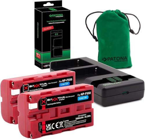 Baxxtar 2x NP-F550 Batteria 3500mAh con caricatore PD-Performance USB-C (1500mA) compatibile con videocamere Sony indicatori LED luce video monitor fotocamera Battery NP-F570 NP-F750 NP-F950 NP-F970