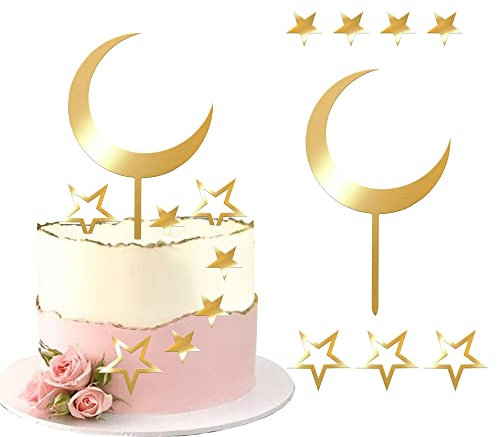 SYKYCTCY 8 Pack Moon Star Cake Toppers Acrylic Little Star Cake Picks Twinkle Star Baby Shower Cake Decorations for Baby Shower Kids Birthday Wedding Party Supplies Gold