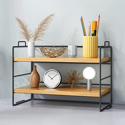 Corsehild Desk Storage Shelf 2 Tiers Desk Storage Organizer Display Shelf Rack Freestanding Table Top Shelves Multipurpose Desktop Bookcase Stand Counter Top Shelf Storage for Office Home (Wood Color)