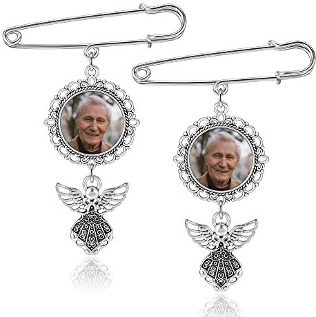 JSDDE Personalisiert Brosche Pin mit Fotogravur Memorial Engel Anstecknadel Brosche Anhänger Hochzeit Brautstrauß Oval Fotorahmen Brosche für DIY Hochzeit Brautstrauß Bräutigam Braut (Stil 1, 2 Stück)