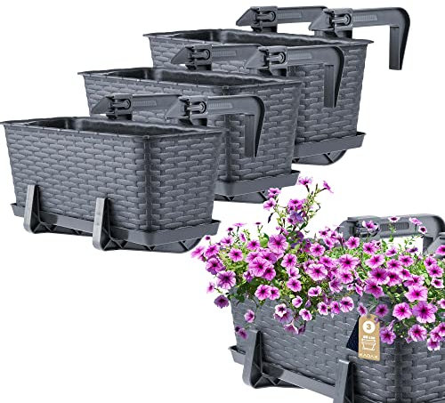 KADAX Lot de 3 jardinières 40 cm en Plastique avec Supports de Fixation – Bacs à Fleurs rectangulaires pour Balcon, Pots résistants pour Plantes et Herbes aromatiques (Graphite)