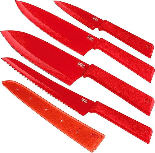 Kuhn Rikon Colori+ Mixed Kitchen Knife Set with Blade Covers. Includes Chefs Knife, Bread Knife, Santoku Knife and Paring Knife. Ultra-Sharp Japanese Stainless Steel Blade. Dishwasher Safe. Red