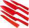 Kuhn Rikon Colori+ Mixed Kitchen Knife Set with Blade Covers. Includes Chefs Knife, Bread Knife, Santoku Knife and Paring Knife. Ultra-Sharp Japanese Stainless Steel Blade. Dishwasher Safe. Red