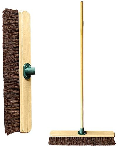 24” Broom Outdoor Yard Broom Sweeping Brush Natural Stif Bristles with Wooden Handle Garden Brooms for Cleaning Patio Yards Driveways Warehouse and Garage (Stiff Natural Bassine Bristles)