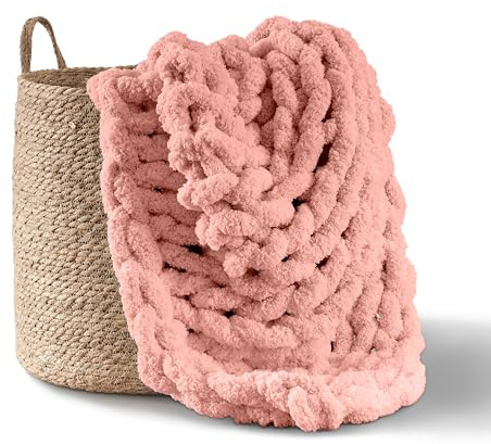 Adyrescia Jeté de lit en Grosse Maille | 100% tricoté à la Main avec Fil Chenille Jumbo (127 x 152,4 cm, Rose Coquillage Rose)