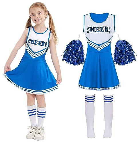 Cheerleader Kostüm Kinder Cheerleading Uniform Kleid Cheerleadering Outfit Mädchen mit Pompoms Socken Halloween Weihnachten Karneval Prinzessin Geburtstag Party Verkleidung Kinder，Blue 110