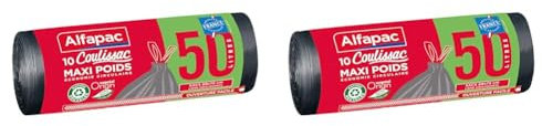 ALFAPAC - 10 sacs 50L à liens coulissants - Sacs-Poubelle Maxi-Poids - Éco-responsables : mélange de matière recyclée et d'origine végétale - Fabriqué en France (Lot de 2)
