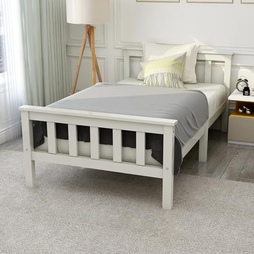 Daesar Holzbett Einzelbett 90x200, Bettgestell mit Lattenrost, Holzbett mit Kopfteil Massivholz Kinderbett Jugendbett Kiefer Massiv Weiß