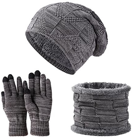 Haube Und Schal Set Damen Neutral Damen Herren Herbst und Winter Einfarbig Wollmütze Verdickt Warmer Gehörschutz Kalt Strickmütze Handschuh Schal Dreiteiliges Set Touchscreen (Grey, One Size)
