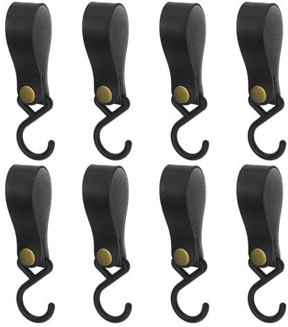 LT Easiyl 8 Pcs PU Leather S-Shape Plastic Hooks for Outdoor Camping Hanging Pots Pans Utensils for Coat Towel Kitchen Bathroom Hooks Black