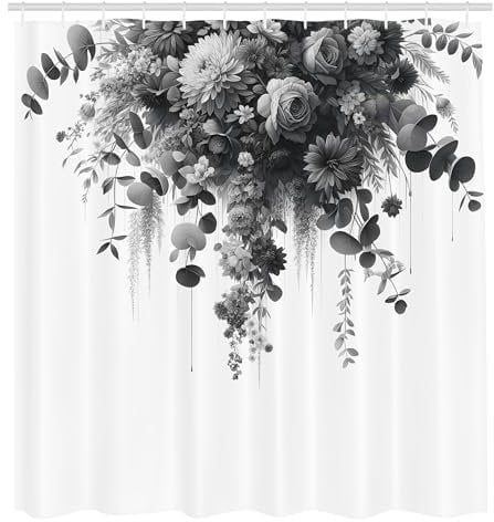 ABAKUHAUS Schwarz und Weiß Duschvorhang, Weinende Blumen mit Eukalyptusblättern botanische Kunst von Gartenzweigen, Stoffliches Gewebe mit Haken, 175 x 200 cm, Dunkelgrau Weiß