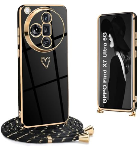 Ptny Handykette Hülle kompatibel mit Oppo Find X7 Ultra 5G Hülle mit Band zum Umhängen, Handyhülle Liebesherz Muster Galvanik TPU Silikon Bumper Dünn Hülle für Oppo Find X7 Ultra 5G, Schwarz