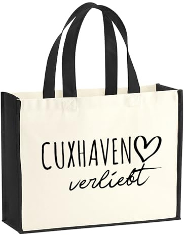 Huuraa Jutetasche Cuxhaven verliebt Geschenk | Großer Shopper 21 Liter Juteshopper Black Tasche aus Jute und Baumwolle Einkaufstasche Geschenkidee Tragetasche mit Motiv