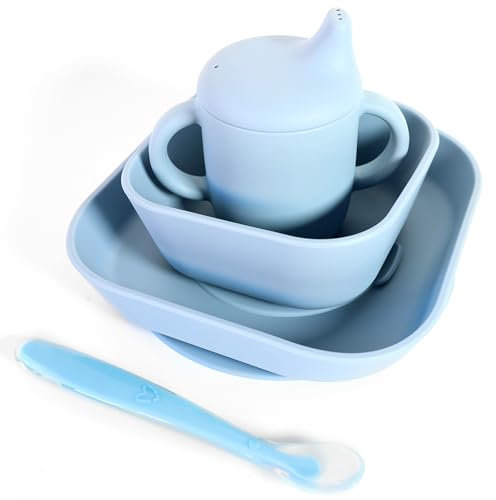 Bluet B Baby - Set Vajilla de Silicona para Bebe – Set de 4 Piezas - Plato con Ventosa – Vaso de Aprendizaje para Bebe – Bol de Silicona – Cuchara BLW – Apto para Lavavajillas y Microondas (Azul)