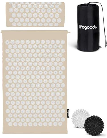 LifeGoods Akupressurmatte Mit Kissen - Akkupressmatte - Akkupressurmatte+ - Akupressur Matte - Akupunktur Matte - Massagematte - Rücken - Stachelmatte - Fakirmatte - Nagelmatte - Acupressure Mat