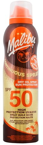 Malibu Sun Kontinuierliches Trockenöl-Spray, LSF 50, 175 ml | Bräunung mit Sheabutter-Extrakt, feuchtigkeitsspendender Bräunungsölnebel, wasserabweisend
