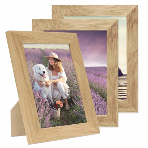 PHOTOLINI Bilderrahmen 15x20 Holz Eiche, 3er Set breite Bilderrahmen 20x15 Holz, Picture Frame mit Acrylglas, Bilder Rahmen 15 x 20 cm Eiche zum Aufhängen & Aufstellen, Rahmen 15x20 mit Zubehör