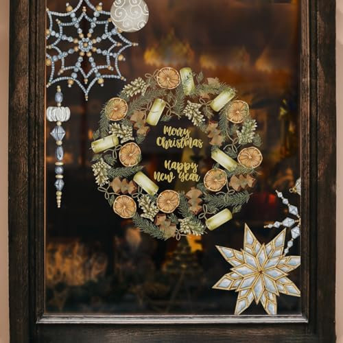 Neukids fensterbilder weihnachten Weihnachtskränze, Goldene schneeflocken deko fensteraufkleber weihnachtsdeko fenster, weihnachtsfenster bilder Winter fenster Glas Spiegel weinachtsdekorationen
