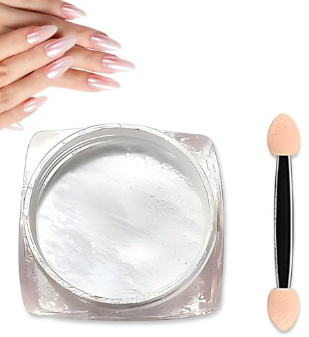 Pearl Chrome Nail Powder, High Gloss White Pearlescent Chrome Powder, White Pearl Nail Powder Mirror Effect with 1Pcs Sponge Stick Nail Glitter Manicure Holographic Pigment for Nail Art Design for Gir