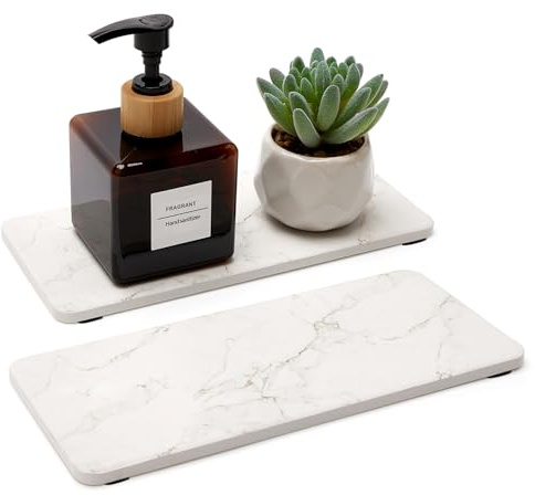 2 piezas de bandejas de secado de piedra absorbente de agua para fregadero, accesorios de baño, bandeja de jabón de cocina, dispensador de jabón de cerámica blanca, soporte para platos de mármol