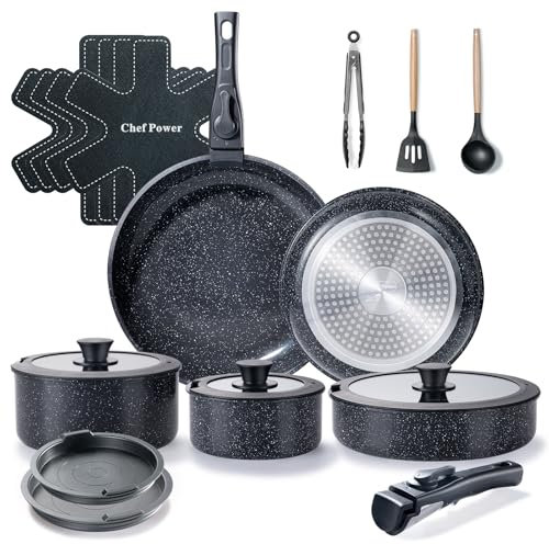 Chef Power Ceramic Nonstick Cookware Set 19 Piece with Detachable Handle, Induction Dishwasher Oven Safe Pans and Pots Set, RV Kitchen Set Removable Handle, Rock Stone Black