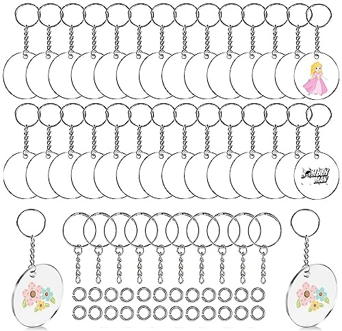 Lot de 120 porte-clés vierges en acrylique transparent, 40 anneaux ronds en acrylique transparent, 40 anneaux ouverts, porte-clés vierges de 5 cm en acrylique avec trou, pour loisirs créatifs,