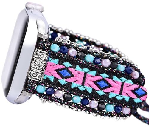 Fancy Woven Braided Nylon Band Compatible with Apple Watch Bands 40mm 41mm 38mm, Retro Boho Friendship Bracelet Handmade Bohemian Beaded Adjustable Dressy Strap Wristbands for iWatch Bands Series