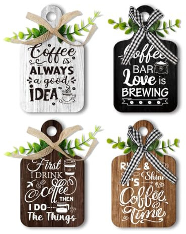 PH PandaHall 4pcs Coffee Bar Decor Wooden Sign for Station & Table - Rustic Style Mini Wood Plaque for Coffee Lover's Home & Kitchen - 5.9x3.5